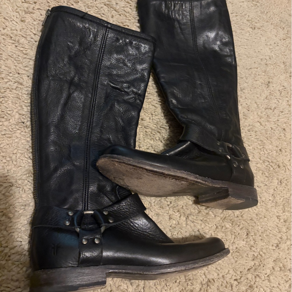 Frye Black Leather Combat & Moto Boots WIDE CALF
